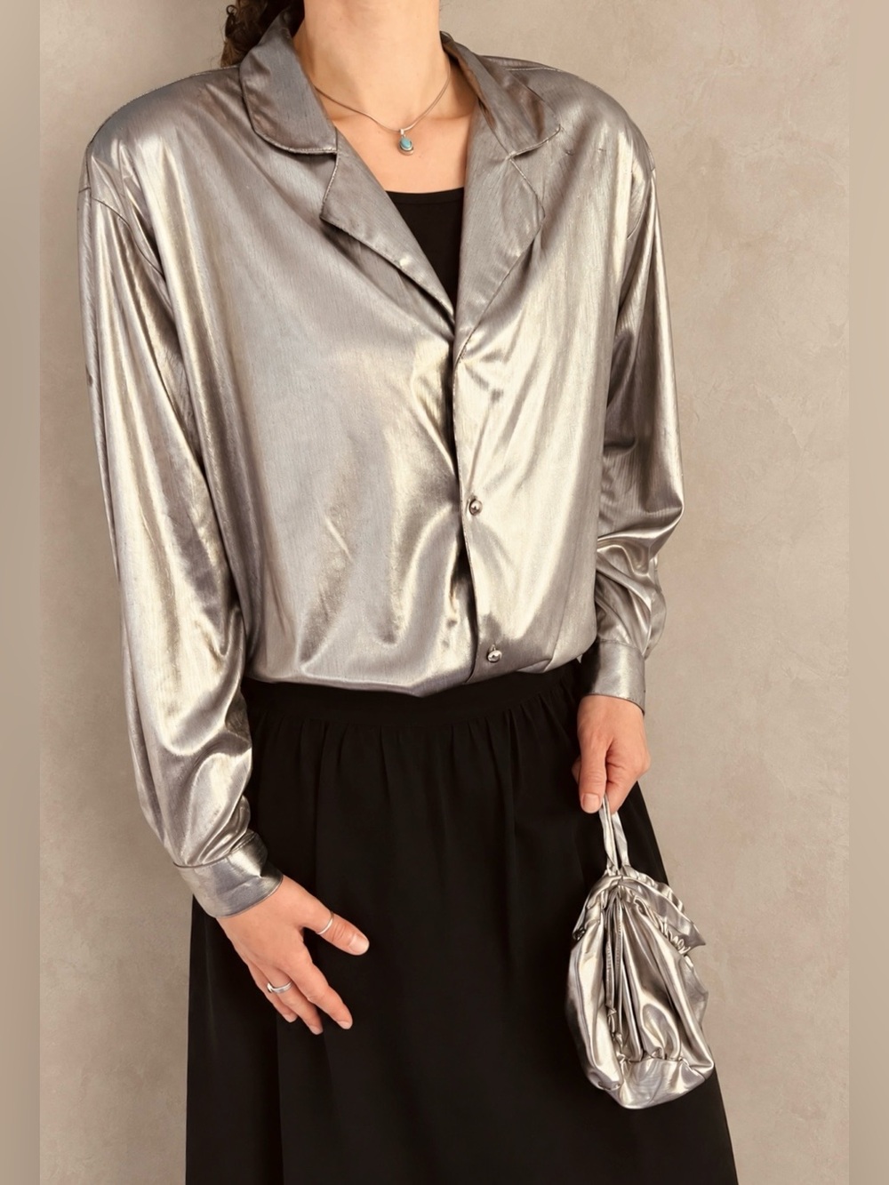 Vintage 80s Liquid Silver Glam 3-Piece Set: Blouse Camisole Bag